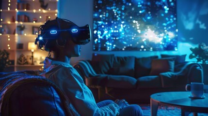 An individual wearing a VR headset, immersed in a virtual reality experience, their living room transformed into an interactive digital environment.