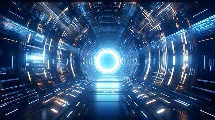 Experience the thrill of technological innovation with an abstract futuristic HUD tunnel, pulsating...