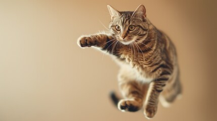 A playful tabby cat seemingly defying gravity as it leaps through the air, its expression one of...