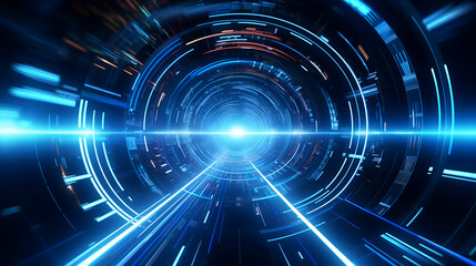 Explore the depths of technological advancement with an abstract HUD tunnel, where motion graphics of data centers, servers, and internet speed converge to create a mesmerizing display, captured