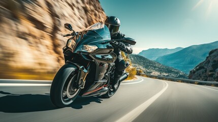 Speeding Motorcycle Rider on Mountainous Road