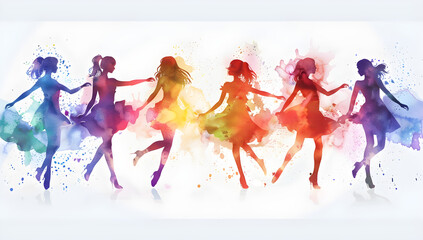 Vibrant watercolor-style silhouettes of dancing women creating a joyful and energetic atmosphere. - obrazy, fototapety, plakaty