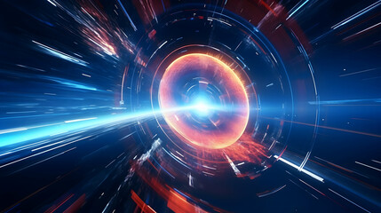Obraz premium Embark on a mesmerizing journey through an abstract futuristic HUD tunnel, where technology reigns supreme, showcasing motion graphics of data centers, servers, and internet speed in breathtaking HD