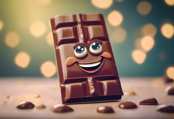 A whimsical chocolate bar with a cartoon face, standing on a wooden surface with blurred lights in the background. World Chocolate Day.