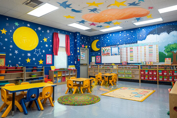 A classroom with a night sky theme. The walls are painted blue and there are stars and moons on the walls. The ceiling is painted light blue and there are clouds and stars on it. There are several tab