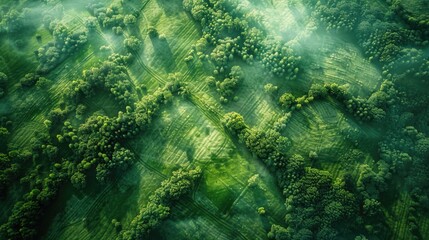 Aerial View of Lush Green Forest and Fields at Sunrise