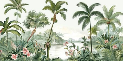 wallpaper jungle and leaves tropical forest birds old drawing vintage 