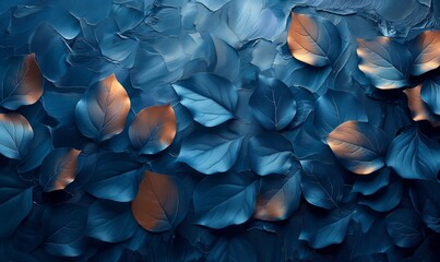 Blue texture background with leaves full frame. - obrazy, fototapety, plakaty