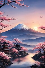 Traditional Japanese pagoda surrounded by blooming cherry trees in full pink blossom, embodying beauty of springtime scene in Japan. For interior, commercial spaces to create stylish atmosphere.