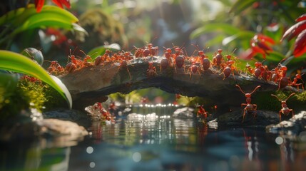 A swarm of industrious ants laboring together to construct a delicate bridge over a glistening stream, each tiny worker carrying its own weight