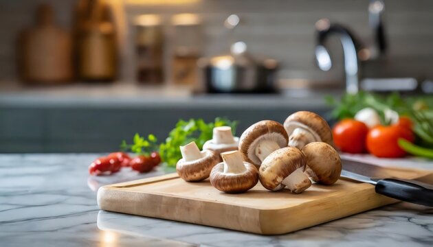 A selection of fresh vegetable: cremini mushroom, sitting on a chopping board against blurred kitchen background; copy space