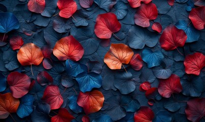 Background with blue and red leaves full frame.