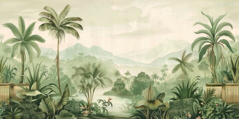 wallpaper jungle and leaves tropical forest birds old drawing vintage 