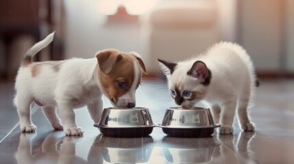 A Kitten and Puppy Eating