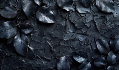 Texture background with black leaves full frame.