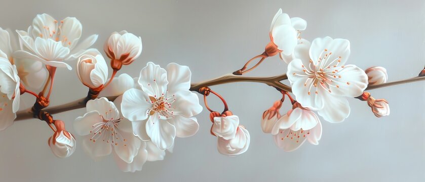 Craft a photorealistic oil painting of a delicate cherry blossom in bloom, showcasing every petal and subtle shade in exquisite detail, against a simple, clean backdrop