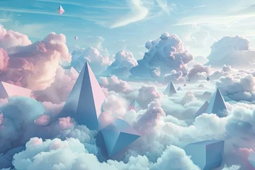 Schilderijen op glas Surreal 3D landscape of soft clouds forming geometric shapes © AI Farm