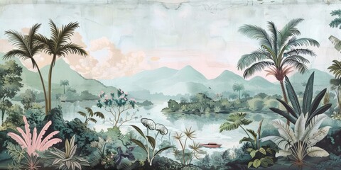 wallpaper jungle and leaves tropical forest birds old drawing vintage - generative ai	
