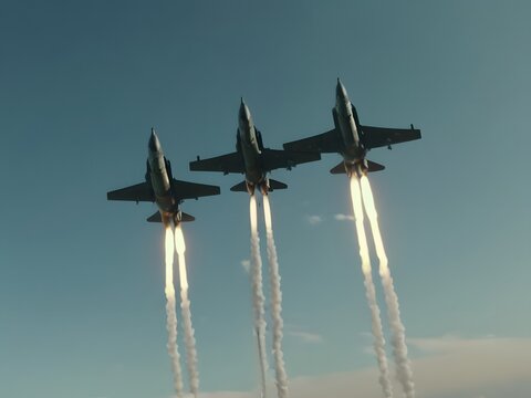 closeup, fighter jet, three f 16 fighters in sky, military aircraft flying in sky