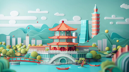 Obraz premium vector of Taipei city with Taipei 100 building on aerial view and Chinese temple in city, popular travel destination landmark in Asia, Taipei, Taiwan