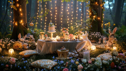 Obraz premium A whimsical tea party setup in the forest, adorned with fairy lights, stuffed bunnies, and a spread of sweet treats amidst floral arrangements.