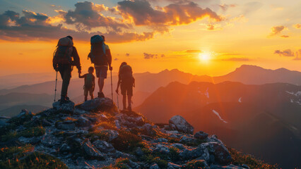 Silhouettes of a family with backpacks hiking on a mountain trail against a stunning sunset background.