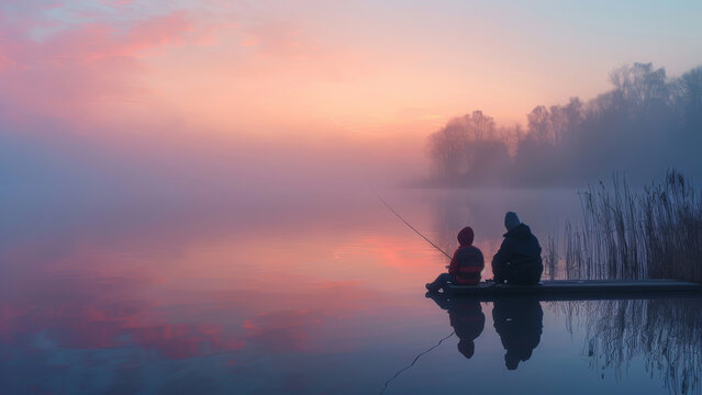 Two people enjoy a peaceful fishing moment on a serene lake, surrounded by a misty atmosphere and a breathtaking sunrise.
