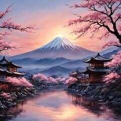 Japanese pagoda set against iconic Mount Fuji, capturing essence of traditional Japanese landscape, architecture. For art, creative projects, fashion, style, advertising campaigns, web design, print.
