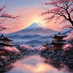 Foto op Plexiglas Japanese pagoda set against iconic Mount Fuji, capturing essence of traditional Japanese landscape, architecture. For art, creative projects, fashion, style, advertising campaigns, web design, print. © Anzelika
