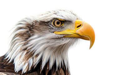 Obraz premium Close-up of a regal bald eagle's eye, capturing its piercing gaze and strength, on white background.