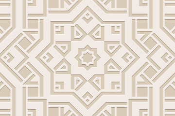 Embossed light background, ethnic cover design. Geometric unique 3D pattern. Tribal handmade style, doodling, art deco. Ornamental boho exoticism of the East, Asia, India, Mexico, Aztec, Peru. - obrazy, fototapety, plakaty