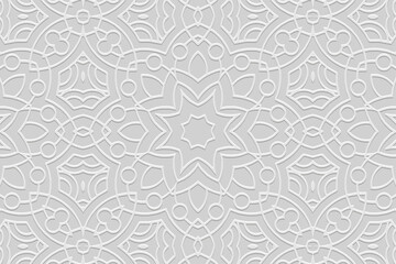 Embossed white background, ethnic cover design. Geometric elegant 3D pattern. Tribal handmade style, doodling, art deco. Ornamental boho exoticism of the East, Asia, India, Mexico, Aztec, Peru.