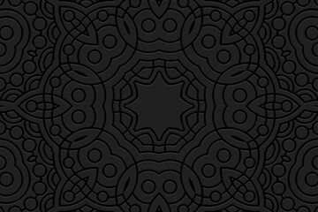 Embossed black background, ethnic cover design. Geometric abstract 3D pattern. Tribal handmade style, doodling, art deco. Ornamental boho exoticism of the East, Asia, India, Mexico, Aztec, Peru.