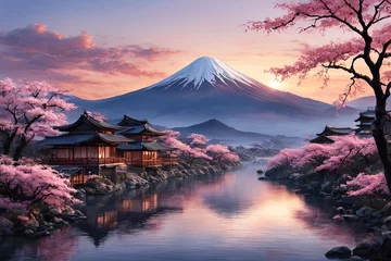 Foto op Canvas Japanese pagoda set against iconic Mount Fuji, capturing essence of traditional Japanese landscape, architecture. For art, creative projects, fashion, style, advertising campaigns, web design, print. © Anzelika