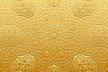 Embossed gold background, ethnic cover design. Geometric artistic 3D pattern. Tribal handmade style, doodling, art deco. Ornamental boho exoticism of the East, Asia, India, Mexico, Aztec, Peru.