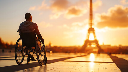 A man athlete in a wheelchair enjoys the sunset overlooking the Eiffel Tower, dreaming of winning a sports competition. Paralympic Games, Championship, Olympics