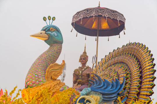 Bangkok,Thailand-April,11,2024: .The stunning Songkran parade at Sanam Luang..The floats are beautifully decorated. Miss Songkran is the beauty queen of Miss Universe Thailand 2023.soft power