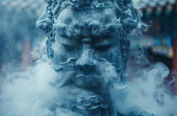 An enigmatic statue shrouded in smoke with a blank gray area for adding content or advertising messages