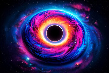colorful depiction of a black hole with swirling accretion disk in space - obrazy, fototapety, plakaty