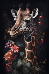 Oil painting in the vintage style of a Portrait of a giraffe among roses and palm leaves