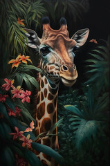 Portrait of a giraffe among roses and palm leaves