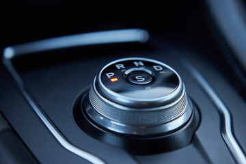 Automatic transmission gearshift stick. Modern car interior - obrazy, fototapety, plakaty