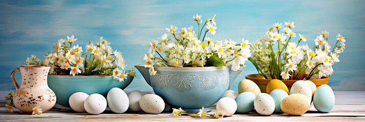 Quiet Easter setting with pots filled with daisies and pastel eggs on blue background. Easter, lifestyle and home decor. Farming, village life. Banner