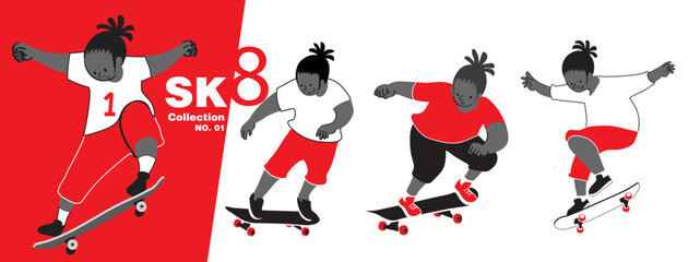 skater characters Collection with skateboard to Do Skateboard Tricks. Vector illustration.Cartoon character. Collection Number 1