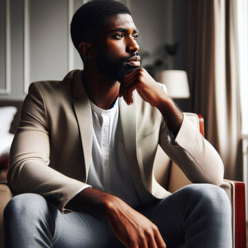 Young stylish African American businessman in an elegant suit, looking thoughtfully.