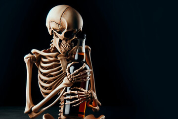 A skeleton hugging a bottle of alcohol sits on a table on a black background