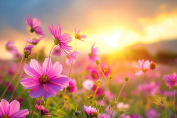 Mesmerizing pink Cosmos Flower in Meadow Facing SunriseCosmos, Flower, Meadow, Sunrise, Pink, Floral, Nature, Bloom, Garden, Beauty, Vibrant, Petals, Fresh, Spring, Landscape, Scenic, Botanical, Seren