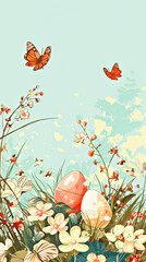 Easter background with copy space of freshly blooming flowers and exquisitely decorated Easter eggs nestled among lush greenery under a serene light blue sky. Vertical