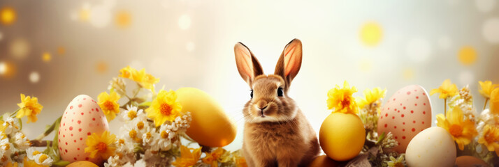 Easter. Cute fluffy Easter bunny among Easter eggs and bright yellow flowers. Festive spirit of spring. Banner