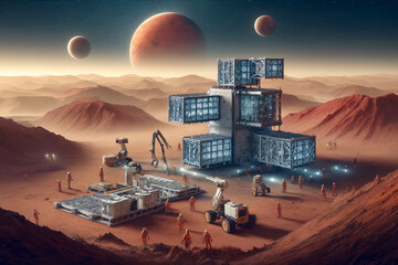 mars colonization habitat with astronauts and rovers in operation - obrazy, fototapety, plakaty